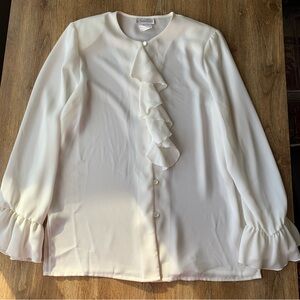 Vintage Boho Ivory Ruffle Sheer Button Down Blouse Medium 90s Romantic